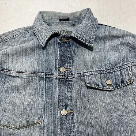 GB Black Label Men's Large Denim Jean Jacket Light Blue Distressed Metal Buttons - Picture 2 of 12